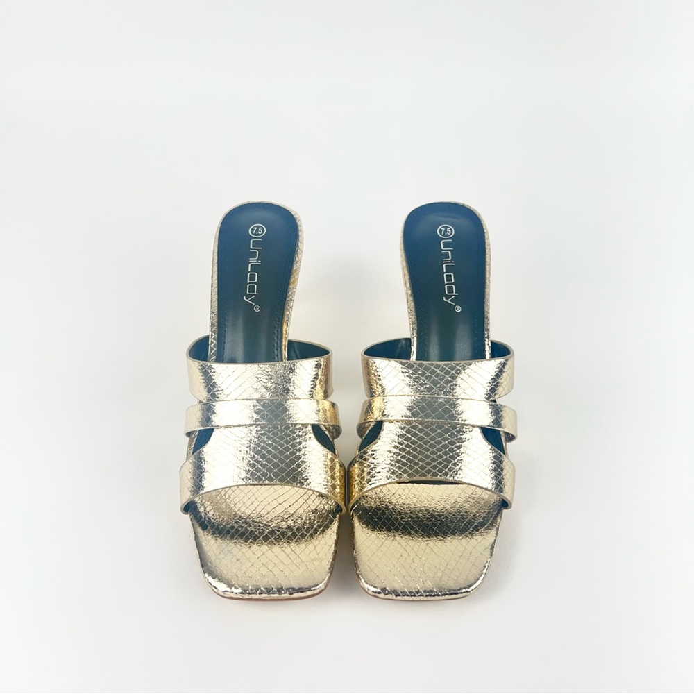 Metallic Gold Snake-Print Heeled Mules
